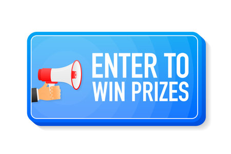 Enter To Win Prizes megaphone blue banner in 3D style on white background. Hand holds loudspeacker. Vector illustrationのイラスト素材