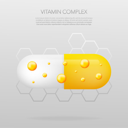 Vitamin complex with realistic pill on gray background. Particles of vitamins in the middle. Vector illustrationのイラスト素材