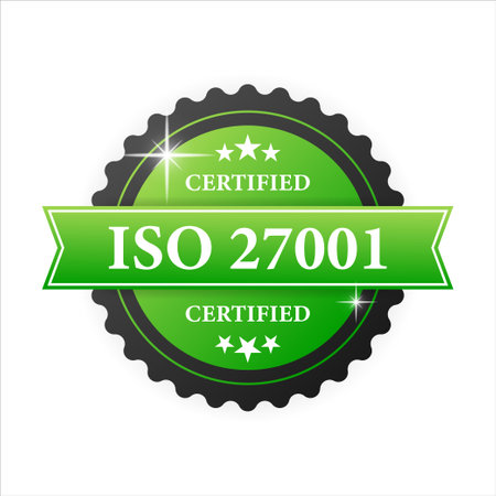ISO certified 27001 green rubber stamp with green rubber on white background. Realistic object. Vector illustration.のイラスト素材