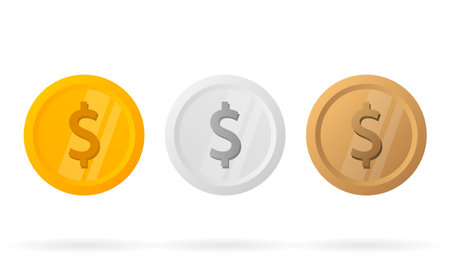 Three realistic coins on a white background. Business concept. Gold, silver and bronze. Vector illustrationのイラスト素材
