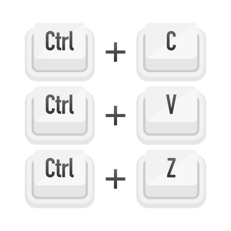 Ctrl plus C, Ctrl plus V and Ctrl plus Z white 3D button on white background. Computers particles keyboards. Vector illustrationのイラスト素材