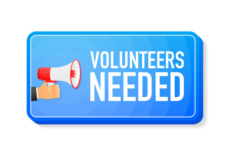 Volunteers Needed megaphone blue banner in 3D style on white background. Hand holds loudspeacker. Vector illustrationのイラスト素材