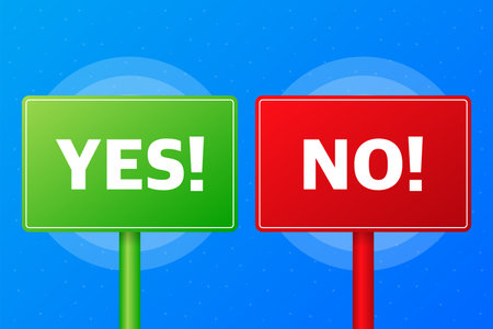 Yes or no realistic red and green table on blue background. Vector illustrationのイラスト素材
