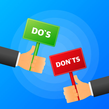 Hand holds Dos or Donts realistic red and green table on blue background. Vector illustrationのイラスト素材