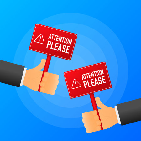 Hand holds Attention please realistic red table on blue background. Vector illustrationのイラスト素材