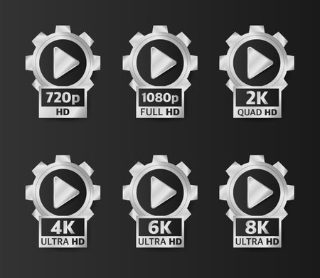 Video Quality Badges in silver color on black background. Hd, Full Hd, 2K, 4K, 6K and 8K. Vector illustrationのイラスト素材