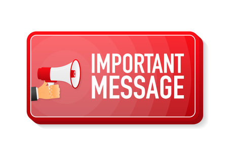 Important Message megaphone red banner in 3D style on white background. Hand holds loudspeacker. Vector illustrationのイラスト素材
