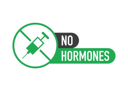 No hormones, no antibiotics green flat banner on white background. Vector illustrationのイラスト素材