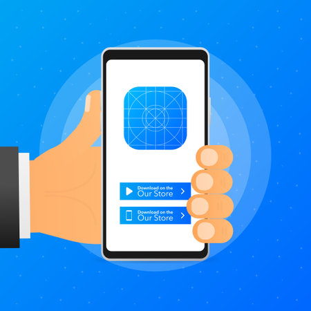 Hand holds phone with download new app in store on blue background. Vector illustrationのイラスト素材