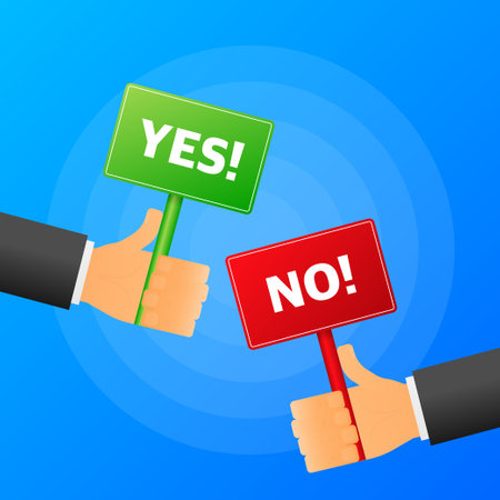 Hand holds Yes or no realistic red and green table on blue background. Vector illustrationのイラスト素材