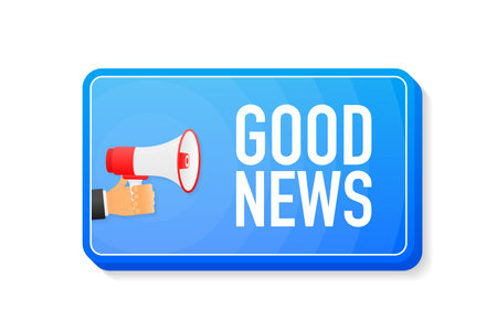 Good News megaphone blue banner in 3D style on white background. Hand holds loudspeacker. Vector illustrationのイラスト素材