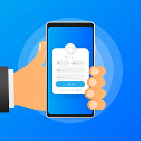 Hand holds phone with sign up form window on screen on blue background. Vector illustrationのイラスト素材