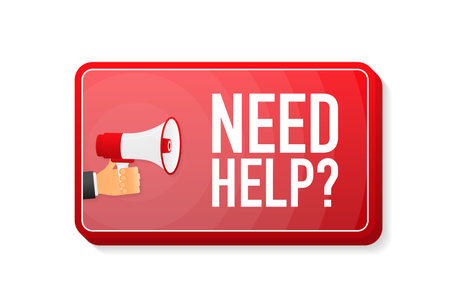 Need Help megaphone red banner in 3D style on white background. Hand holds loudspeacker. Vector illustrationのイラスト素材
