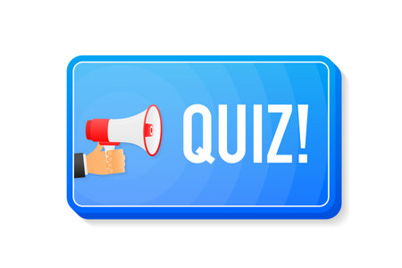 Quiz megaphone blue banner in 3D style on white background. Hand holds loudspeacker. Vector illustrationのイラスト素材