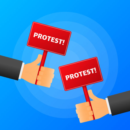 Hand holds Protest realistic red table on blue background. Vector illustrationのイラスト素材