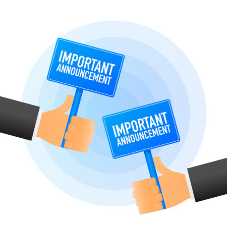 Hand holds important Announcement realistic blue table on white background. Vector illustrationのイラスト素材