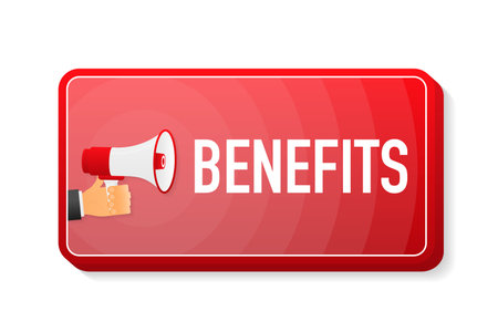 Benefits megaphone red banner in 3D style on white background. Hand holds loudspeacker. Vector illustrationのイラスト素材