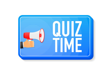 Quiz Time megaphone blue banner in 3D style on white background. Hand holds loudspeacker. Vector illustrationのイラスト素材