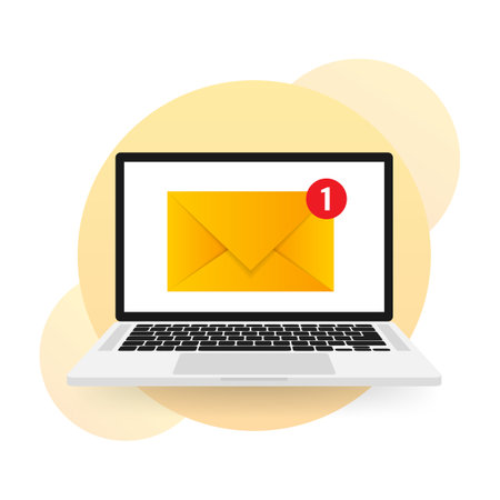 New message icon on screen of laptop. Smartphone, mobile, laptop. New nessage in flat style. Vector illustrationのイラスト素材