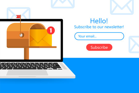 Mailbox with a letter inside in a flat style on a yellow background. Subscribe to our newsletter. Vector illustration.のイラスト素材