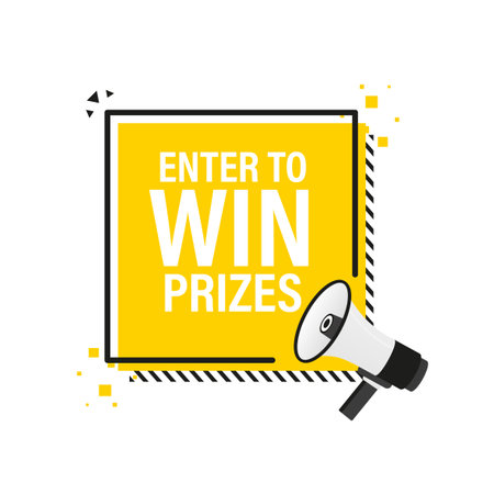 Enter to win prizes megaphone yellow banner in 3D style on white background. Vector illustration.のイラスト素材