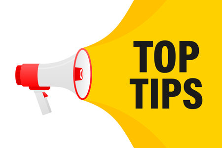 Top tips megaphone yellow banner in 3D style on white background. Vector illustration.のイラスト素材