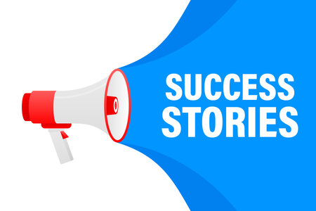 Success stories megaphone blue banner in 3D style on white background. Vector illustration.のイラスト素材