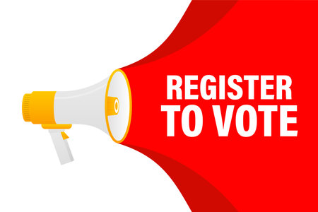 Register to vote megaphone yellow banner in 3D style on white background. Vector illustration.のイラスト素材