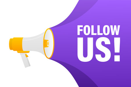 Follow us megaphone banner in 3D style on white background. Vector illustration.のイラスト素材