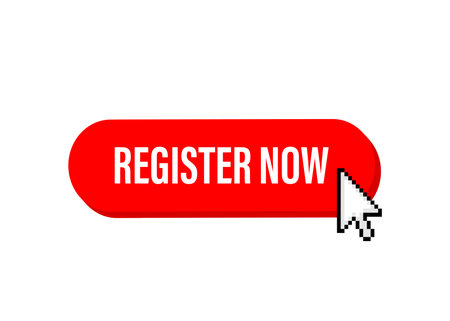 Red register now label in modern style on white background. Banner promotion. Click button. Sticker design.のイラスト素材