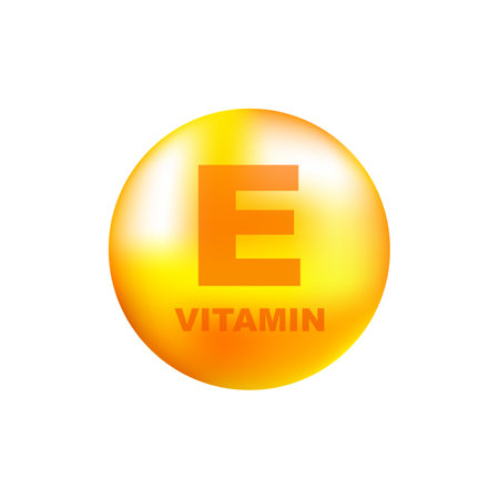 Vitamin E with realistic drop on gray background. Particles of vitamins in the middle. Vector illustration.のイラスト素材