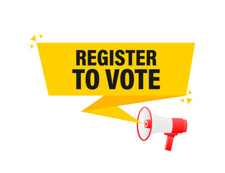 Register to vote megaphone yellow banner in 3D style on white background. Vector illustration.のイラスト素材