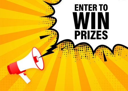Enter to win prizes megaphone yellow banner in 3D style. Vector illustration.のイラスト素材