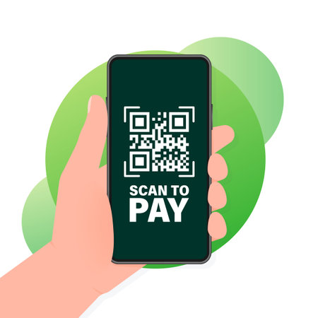 Hand holds phone with scan qr code to pay on screen. Phone on green background. Vector illustration.