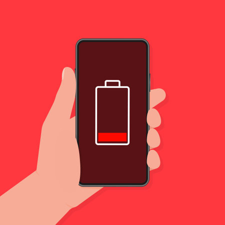 Discharged charged battery smartphone - vector infographic. Isolated on red background.のイラスト素材