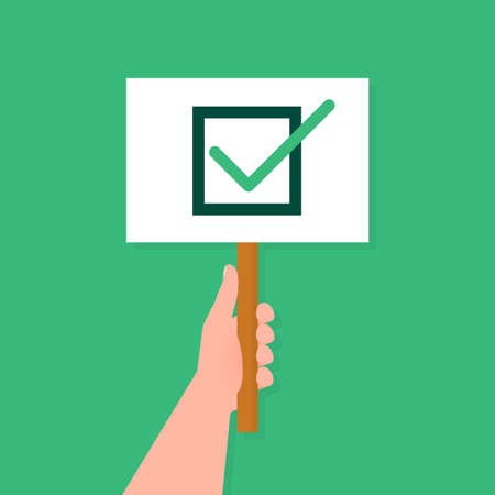 Check mark placard hand, great design for any purposes. Background vector illustration. Web design.のイラスト素材