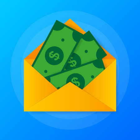 Money in envelope in flat style on blue background. Vector flat illustration. Send moneyのイラスト素材
