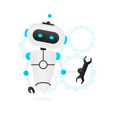 Flat illustration with blue bot. Customer support help service flat vector illustrationのイラスト素材