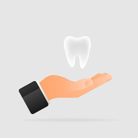 Tooth in hand in cartoon style on light background. Vector illustration 3d. White backgroundのイラスト素材