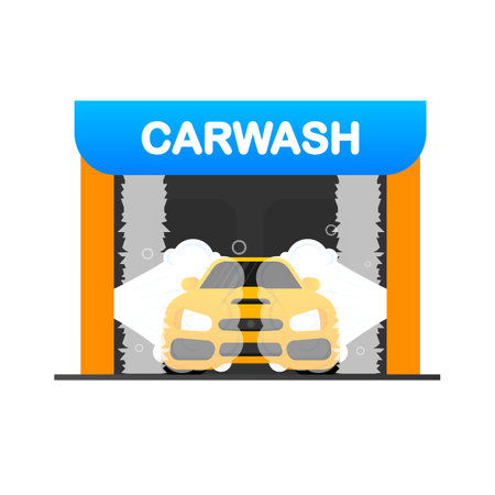 Abstract infographic with carwash flat illustration. High pressure washer. Vector bannerのイラスト素材