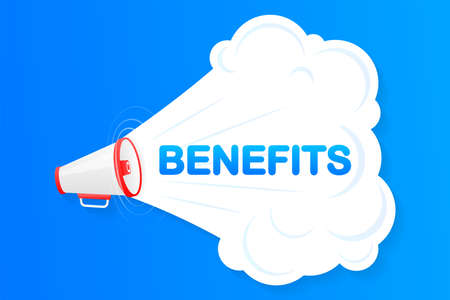 Megaphone blue banner with benefits sign. Vector illustrationのイラスト素材