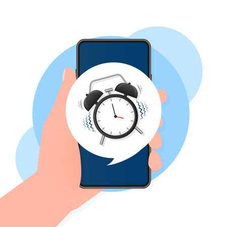 Classic alarm with hand and smartphone, great design for any purposes. Flat cartoon vector illustration. Sale vector illustrationのイラスト素材