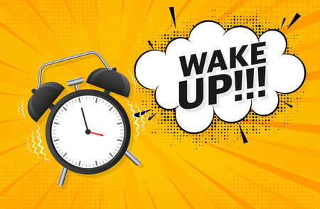 Classic alarm with wake up sign, great design for any purposes. Flat cartoon vector illustration. Sale vector illustrationのイラスト素材