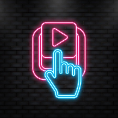 Neon Icon. Play video icon, red buttons sign on white backgroundのイラスト素材