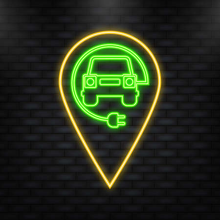 Neon Icon. Electric car and Electrical charging station symbol on a white background. Vector illustrationのイラスト素材