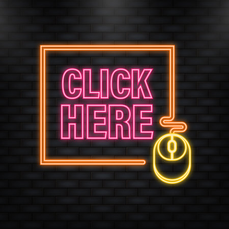 Neon Icon. Icon with click here 3D button on dark background for web marketing design. Flat deign. Social media element. White background. Vector illustrationのイラスト素材