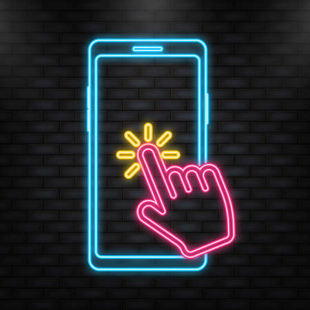 Neon Icon. Tap on smartphone. Communication icon symbol. Pointer icon symbol. Finger click.のイラスト素材