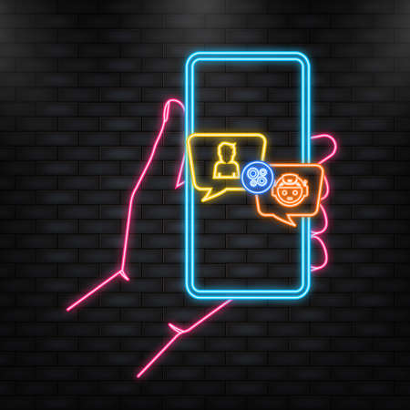 Neon Icon. Chatbot icon concept, chat bot or chatterbot. Robot Virtual Assistance Of Website Or Mobile Applications. Vector illustration.のイラスト素材