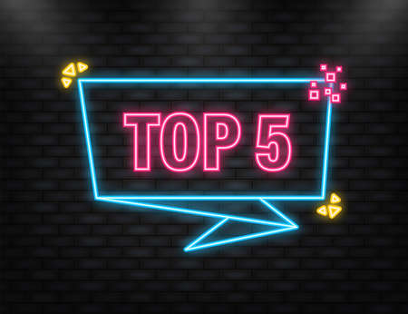 Neon Icon. Neon banner with Top 5 colorful label on dark backgroundのイラスト素材