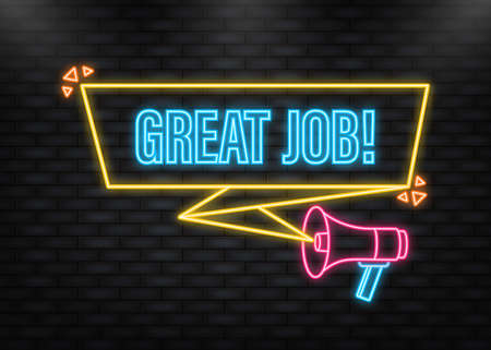 Neon Icon. Megaphone blue banner with great job sign. Vector illustrationのイラスト素材